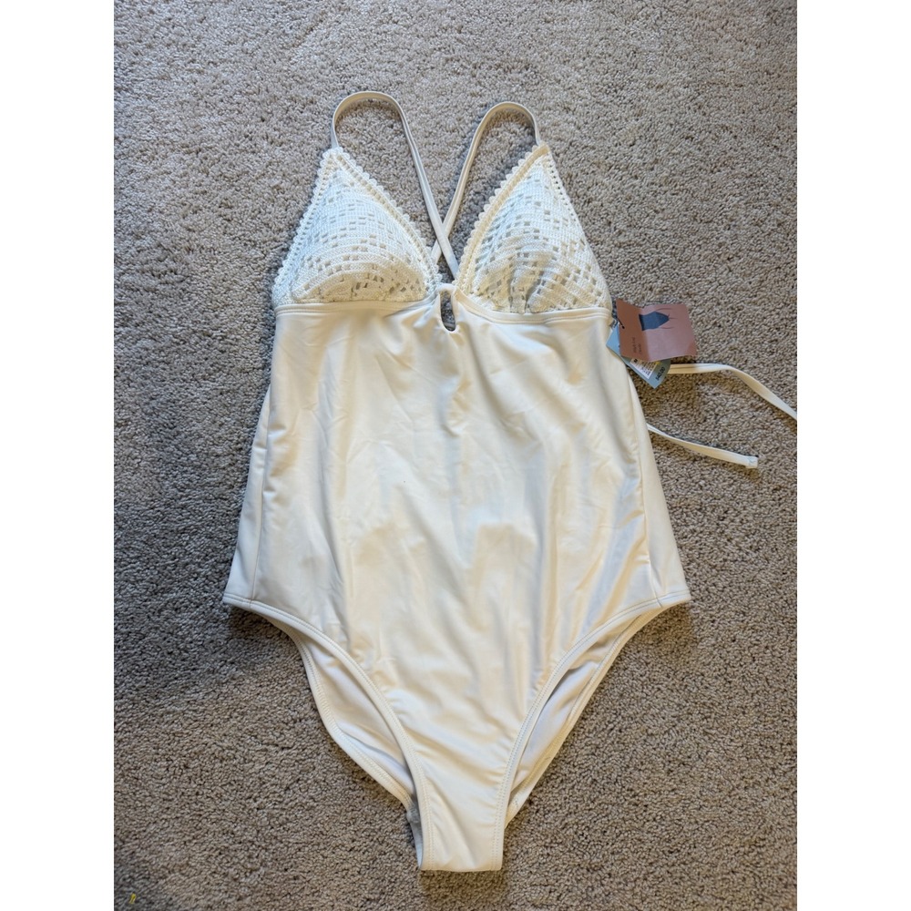 Shade & Shore Womens Off White Crochet High Leg Cheeky One Piece Swimsuit Size M